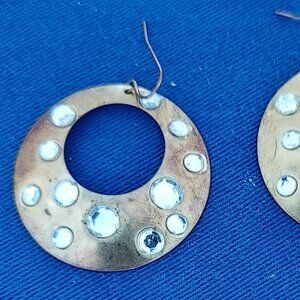 Vintage Brass discs with Clear Faux Stone Earrings